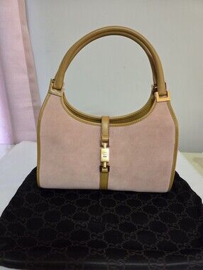 Gucci Blush Suede Jackie Bag With Tan Leather Handles.